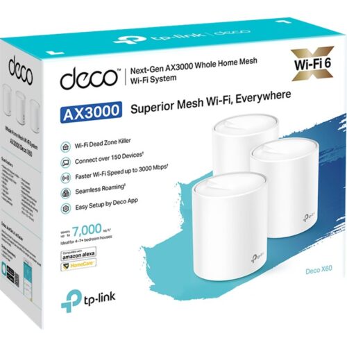 TP-LINK Deco X60 AX3000 Wi-Fi 6 Whole-Home Mesh System 3-pack Quad-core CPU 2x GE RJ45 4x int.antennas MU-MIMO