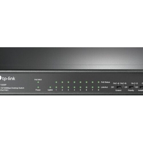 TP-LINK TL-SF1009P PoE+ Switch 8x 10/100Mbps PoE+ + 1x RJ45 10/100 Non-PoE 65W 802.3at/af Desktop Steel Case