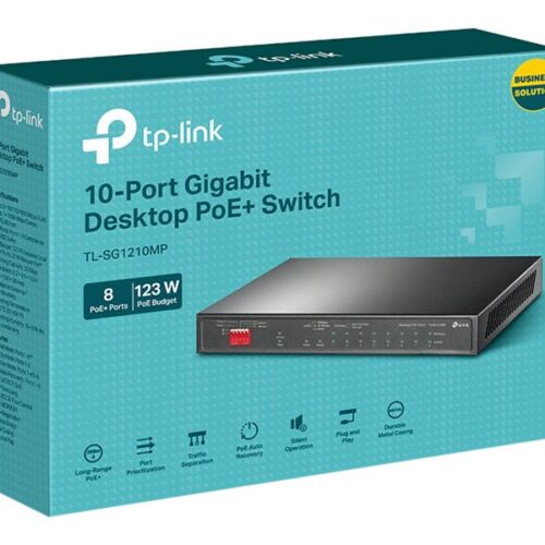 TP-LINK TL-SG1210MP PoE+ Desktop Switch 8x 10/100/1000Mbps + 1x Gbit Combo SFP + 2x Gbit Non-PoE RJ45 123W budget Isolation Priority