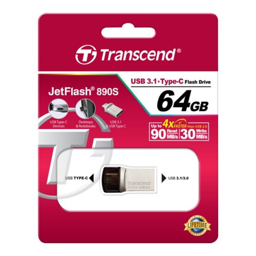 TRANSCEND 64Go Clé USB3.1 Gen 1- On The Go – Type A et C – Argentée