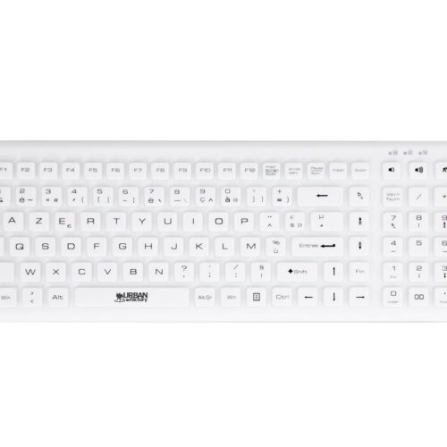 URBAN FACTORY Clavier en ABS et silicone Blanc Connexion filaire USB Touches plates et silencieuses Traitement antimicrobien Nano