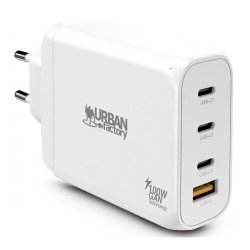 URBAN FACTORY Powee Gan Charger USB-C 100W – 3 Port Usb-C 65W + 1 Port Usb-A 18W Fast Charge
