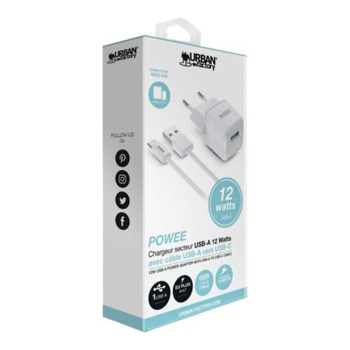 URBAN FACTORY POWER USB-A POWER ADAPTER 2.4A/12W WITH 1M USB-A TO USB-C CABLE